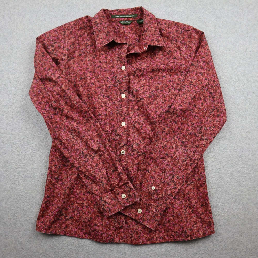Eddie Bauer Button Down Shirt Womens S Red Pink Floral Stretch Wrinkle Resistant